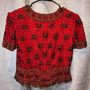 Adrianna Papell Red Embroidered Floral Blouse